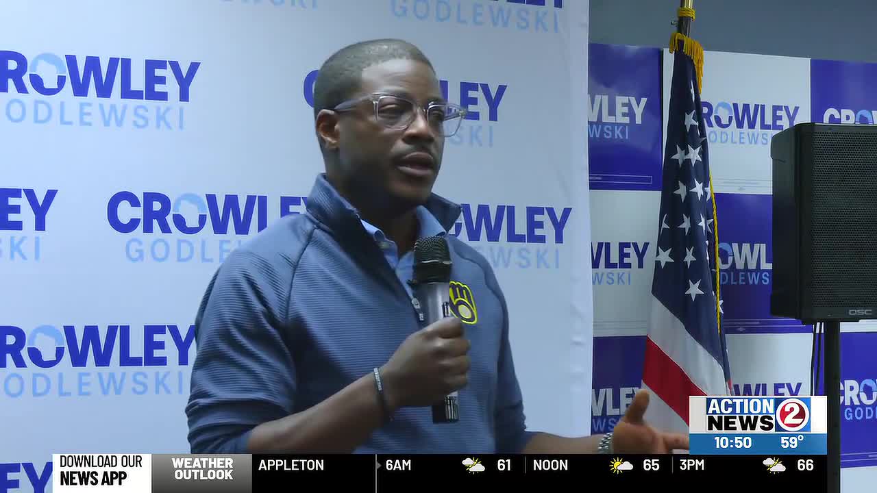 Gubernatorial candidate David Crowley stops at Brown County Democratic Party HQ on day 1 of bus tour