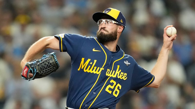 Milwaukee Brewers pitcher Aaron Ashby throws during the ninth inning of Game 4 of baseball's...