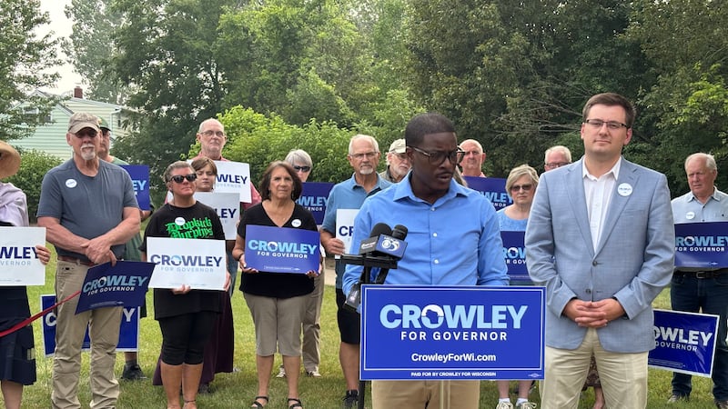 David Crowley speaking in De Pere after re-launching his campaign for governor