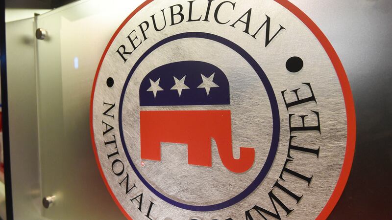 FILE - The Republican National Committee logo is shown on the stage at the North Charleston...