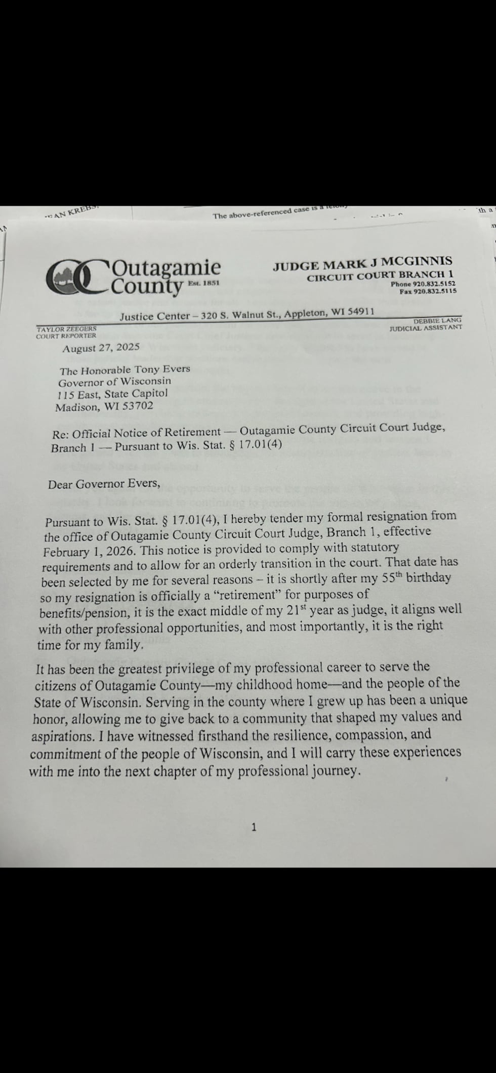 Outagamie County judge submits resignation letter to Governor Evers Outagamie County judge submits resignation letter to Governor Evers