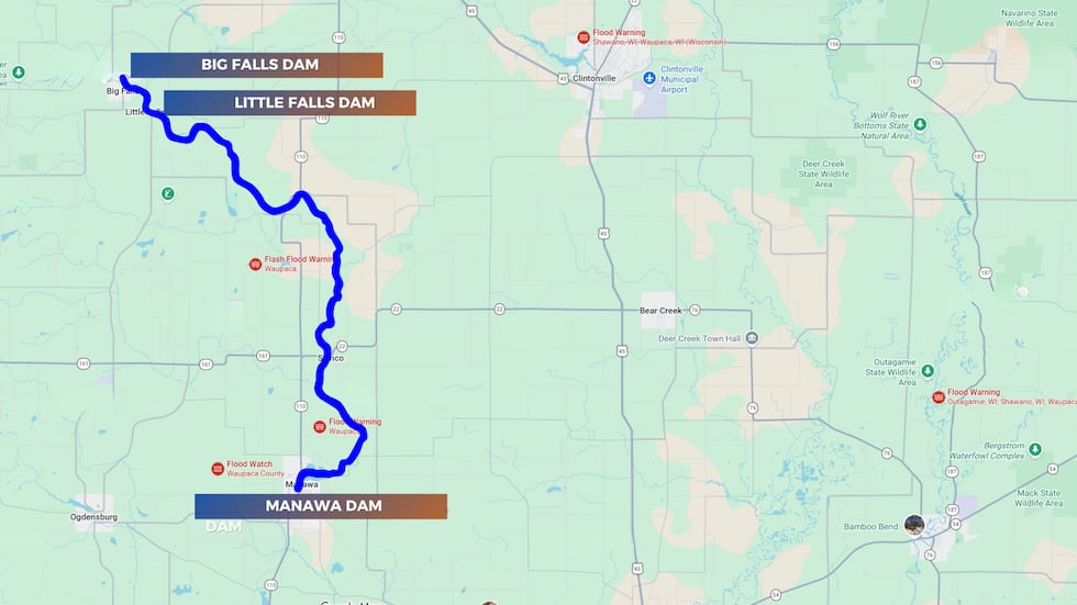 Map of dams along the Little Wolf River