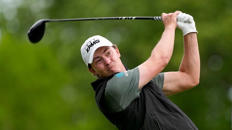 Maverick McNealy hits from the second tee during the second round of the PGA Championship golf...