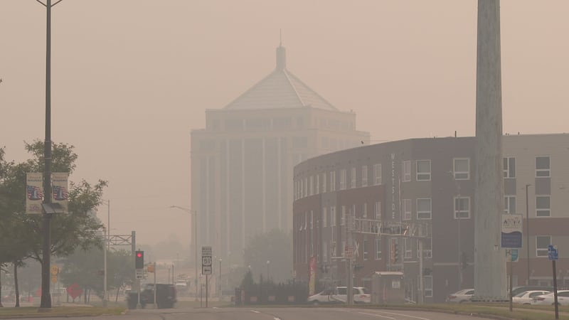 The Dudley Tower in downtown Wausau is barely visible through the wildfire smoke (July 16)