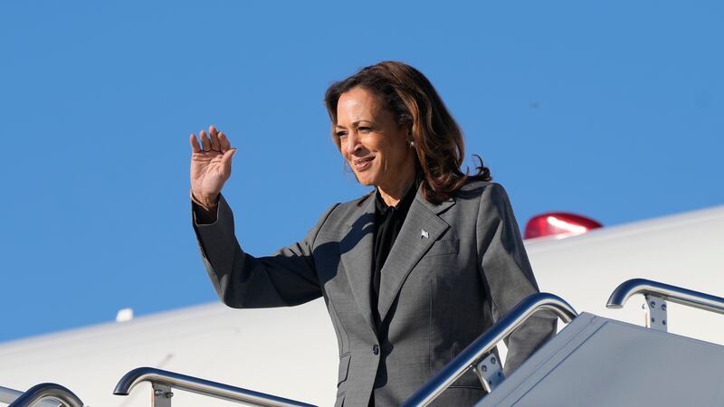 Democratic presidential nominee Vice President Kamala Harris waving during her arrival at Dane...