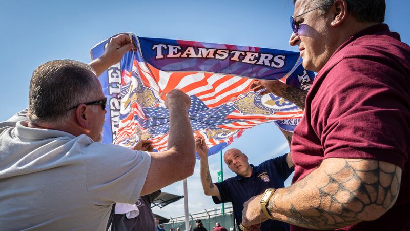 FILE - Teamsters union members on Wednesday in New York.