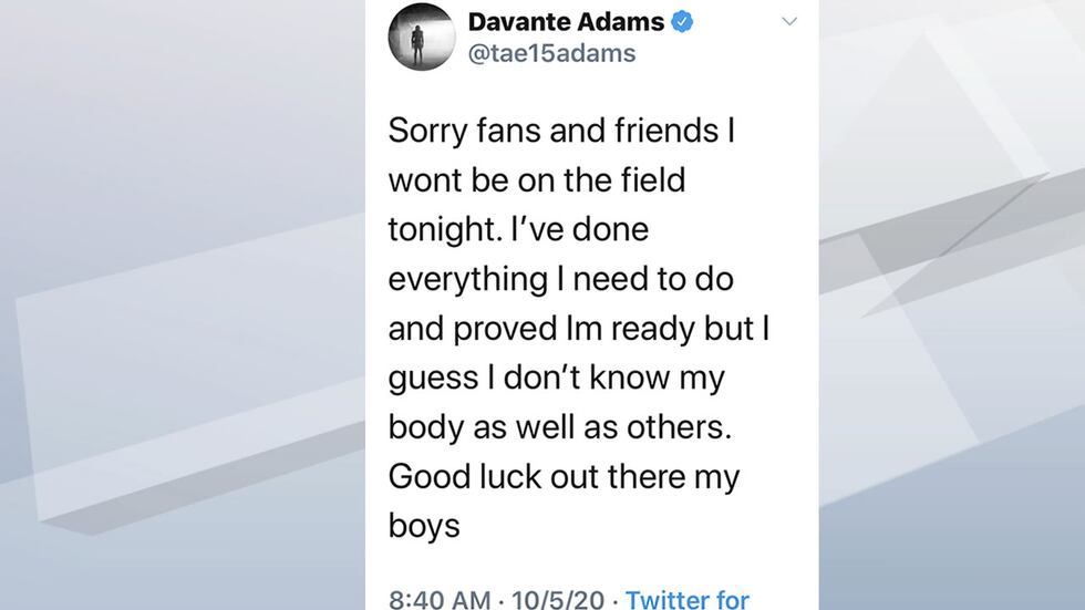 Davante Adams's original tweet announcing he won't be in the game Monday, Oct. 5, 2020