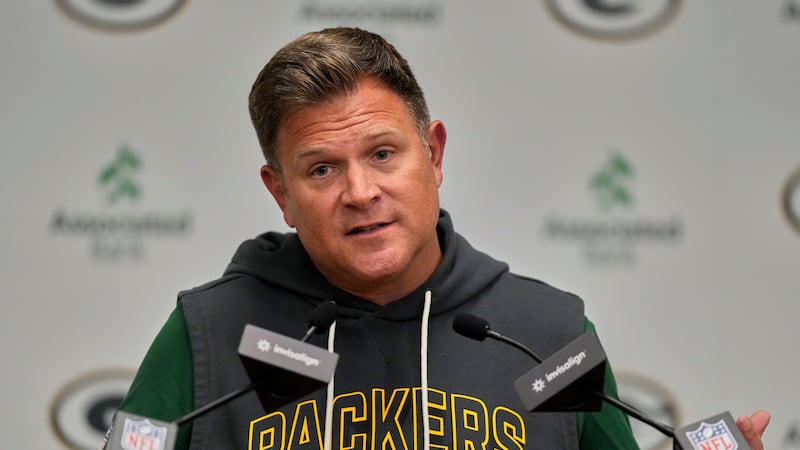 Green Bay Packers general manager Brian Gutekunst speaks at a news conference Friday, Aug. 29,...