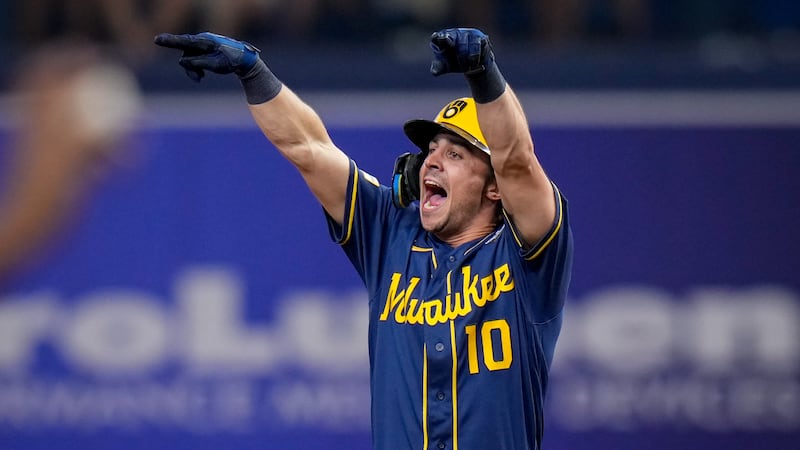 Milwaukee Brewers right fielder Sal Frelick celebrates his RBI double during the fifth inning...