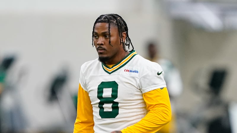 FILE - Green Bay Packers running back Josh Jacobs works out during NFL football practice, June...