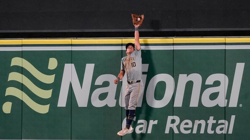 Milwaukee Brewers center fielder Sal Frelick catches a fly ball hit by Los Angeles Angels'...