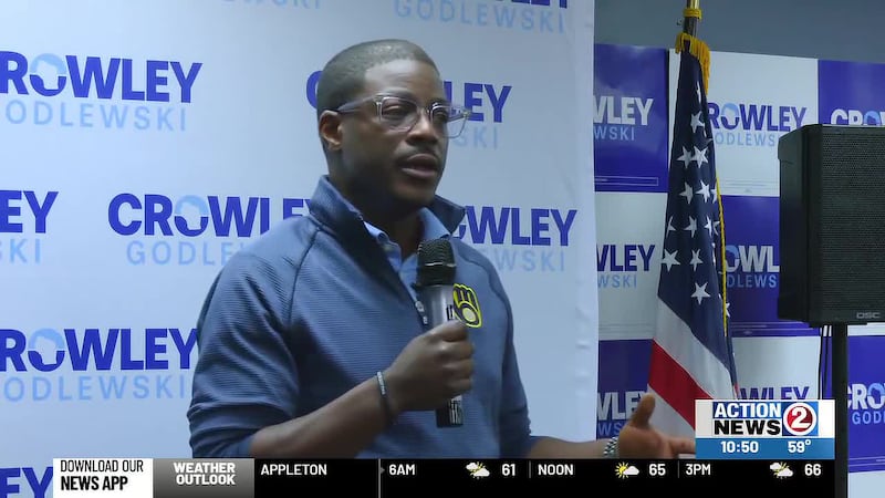 Gubernatorial candidate David Crowley stops at Brown County Democratic Party HQ on day 1 of...
