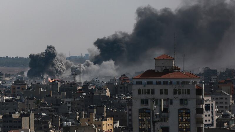 Smoke rises following Israeli airstrikes on Gaza City, Saturday, Oct. 21, 2023. (AP Photo/Abed...