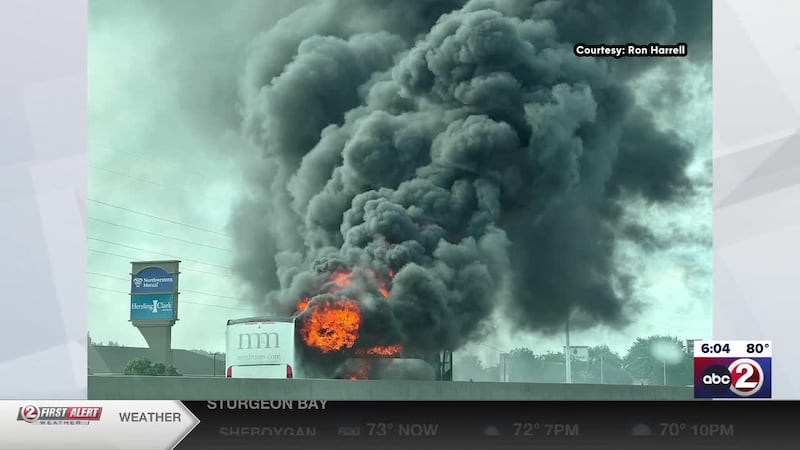 No one is hurt after a coach bus caught fire on southbound I-41 near Highway 21 in Oshkosh on...